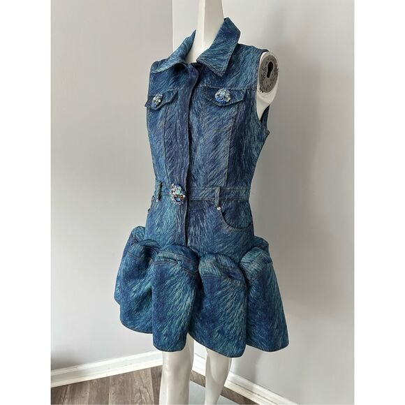 NWT Area Crystal Embellished Fur Print Sleeveless Godet Mini Dress Indigo Size 6 - Picture 8 of 13